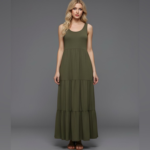 Ruffle Hem Smock Maxi Dress Army Green - Picture 1 of 9